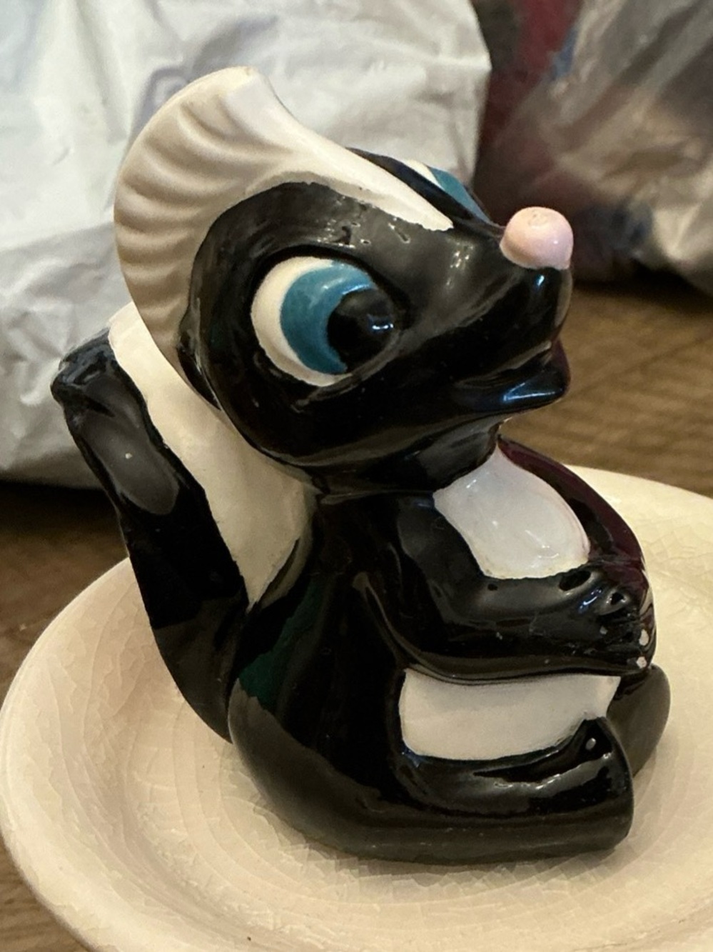 MCM Black & White Ceramic Skunk Fish Ornament with Blue Eye and Pink Nose